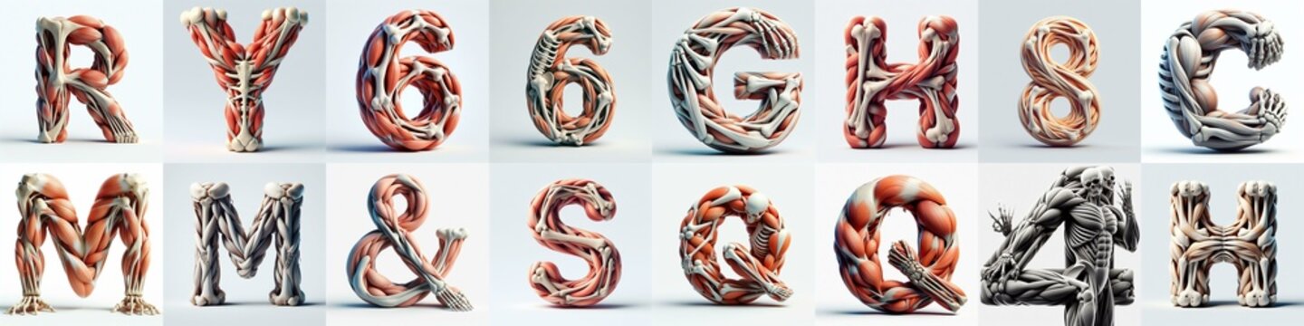3D lettering what blend Bones and Muscles. AI generated illustration