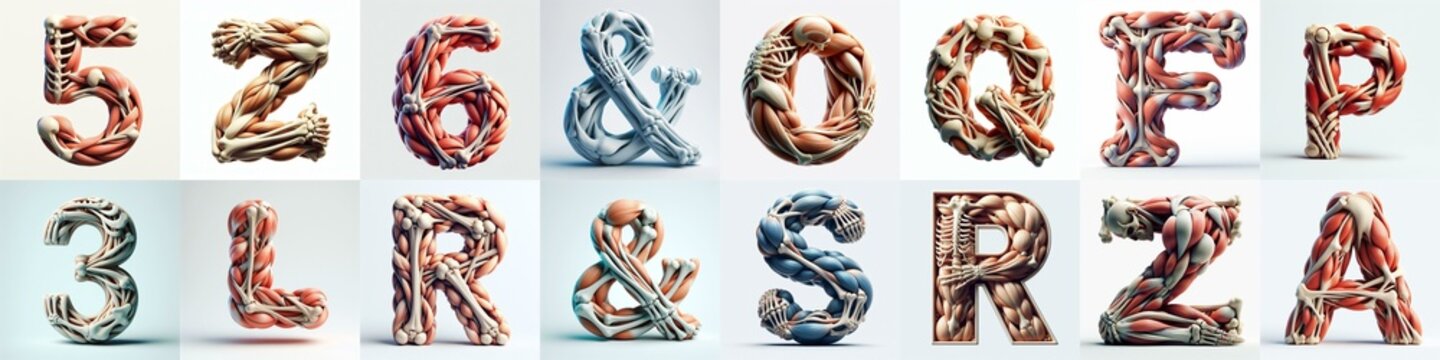 3D lettering what blend Bones and Muscles. AI generated illustration