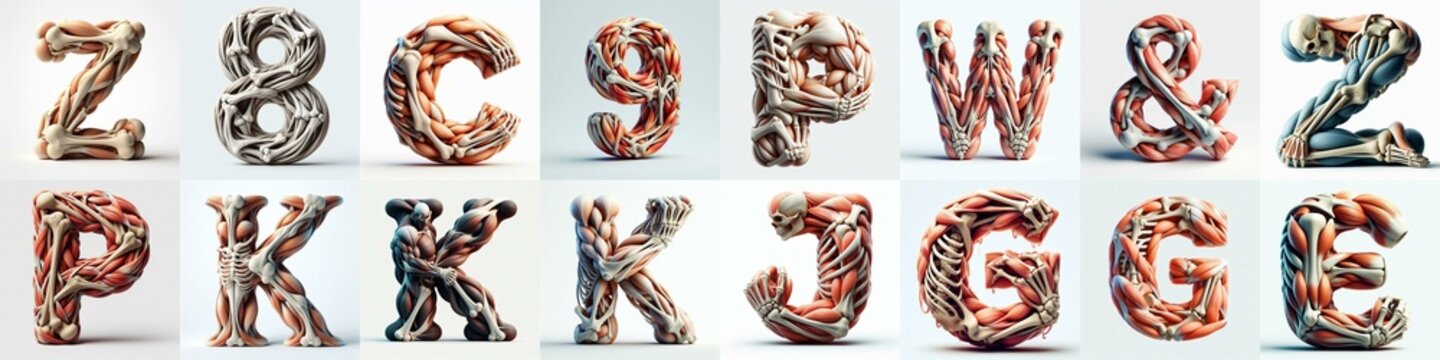 3D lettering what blend Bones and Muscles. AI generated illustration