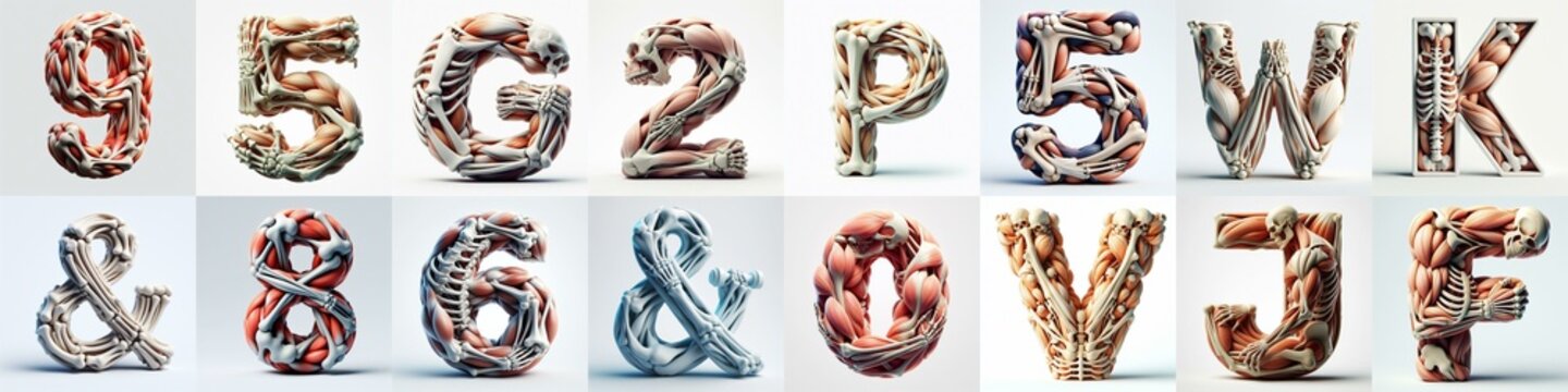 3D lettering what blend Bones and Muscles. AI generated illustration
