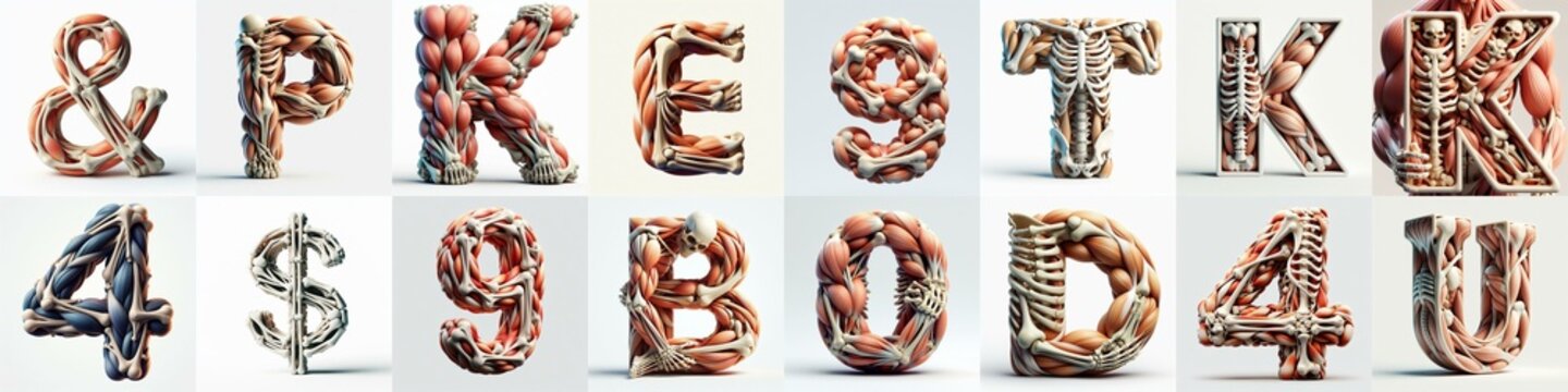 3D lettering what blend Bones and Muscles. AI generated illustration