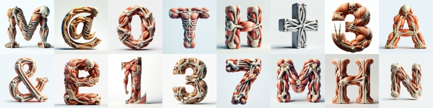 3D lettering what blend Bones and Muscles. AI generated illustration