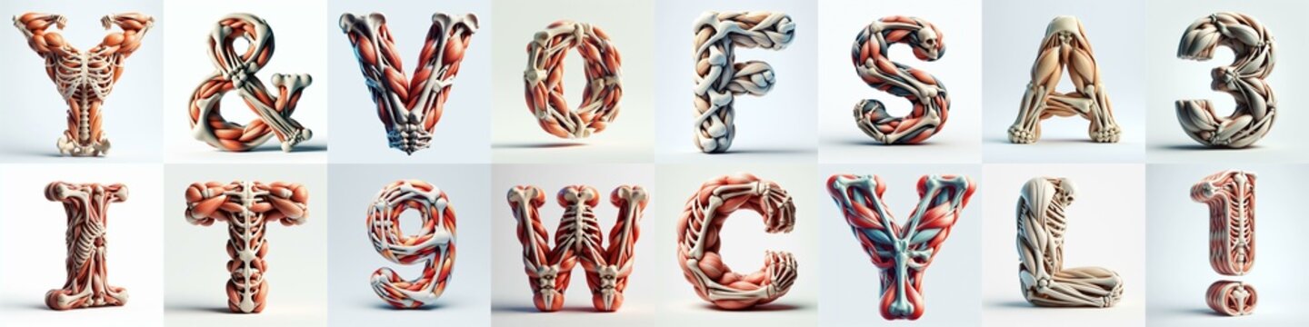 3D lettering what blend Bones and Muscles. AI generated illustration