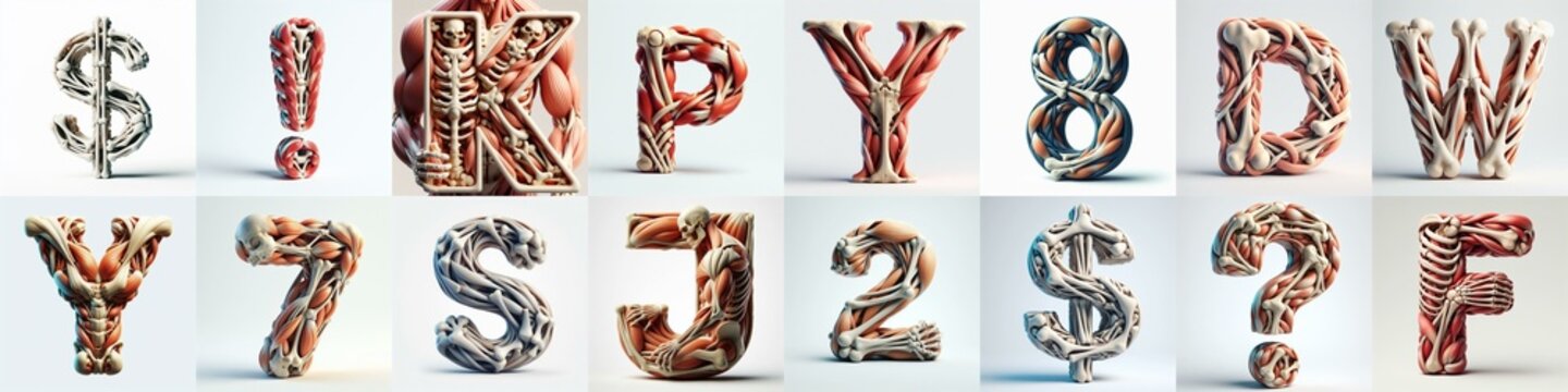 3D lettering what blend Bones and Muscles. AI generated illustration