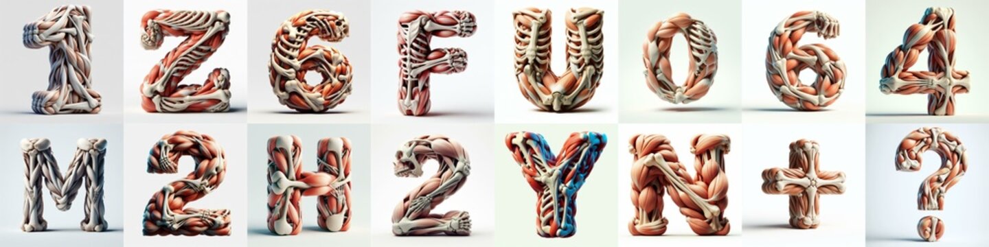 3D lettering what blend Bones and Muscles. AI generated illustration
