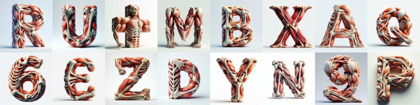 3D lettering what blend Bones and Muscles. AI generated illustration