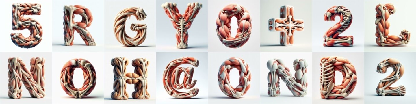 3D lettering what blend Bones and Muscles. AI generated illustration