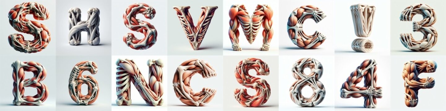 3D lettering what blend Bones and Muscles. AI generated illustration