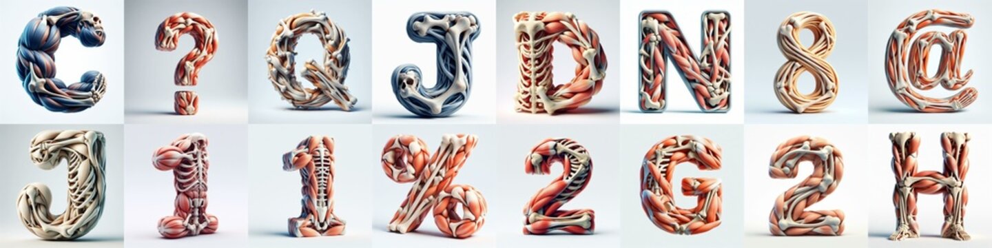 3D lettering what blend Bones and Muscles. AI generated illustration