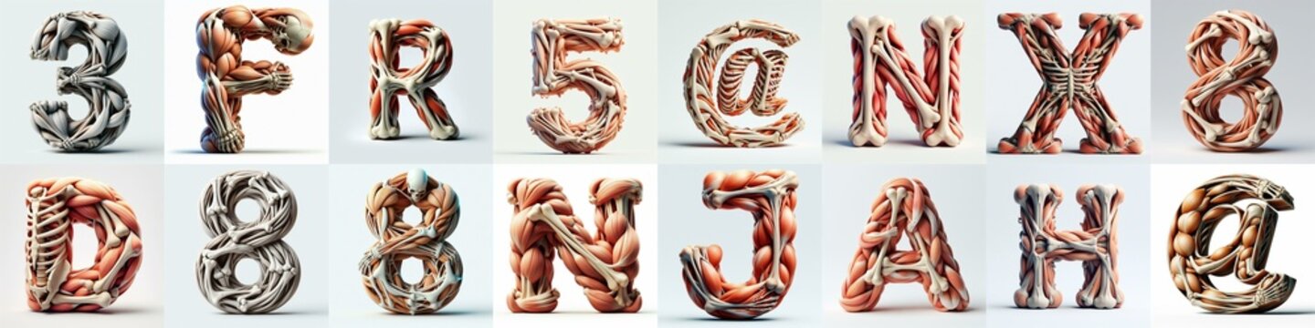 3D lettering what blend Bones and Muscles. AI generated illustration