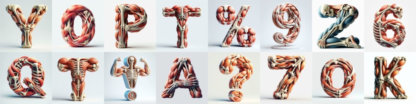 3D lettering what blend Bones and Muscles. AI generated illustration