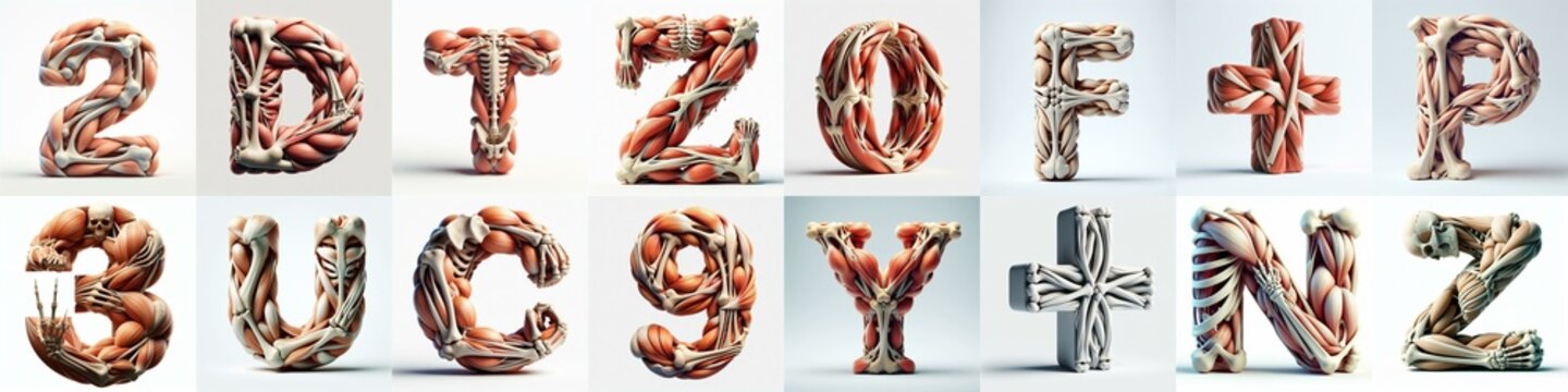 3D lettering what blend Bones and Muscles. AI generated illustration