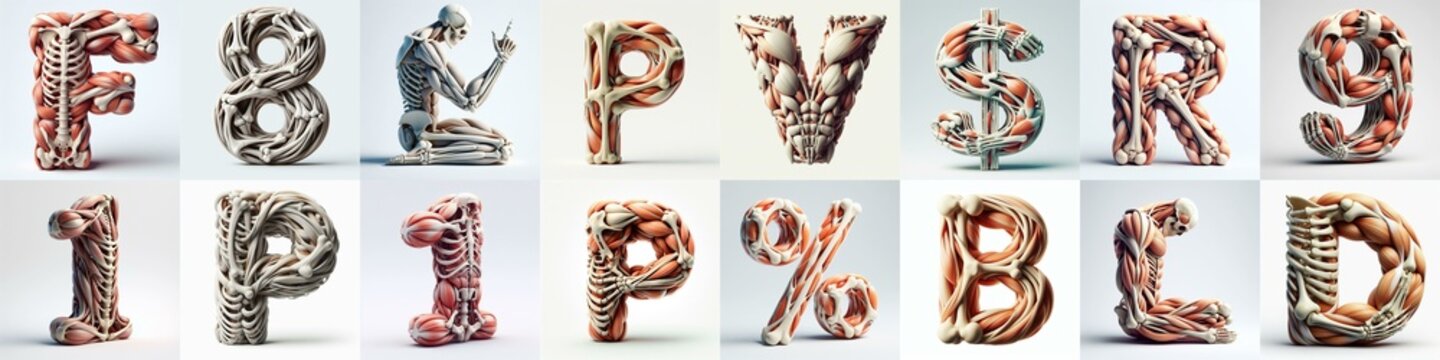 3D lettering what blend Bones and Muscles. AI generated illustration