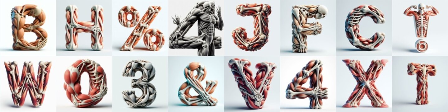 3D lettering what blend Bones and Muscles. AI generated illustration