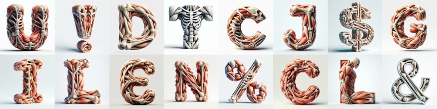 3D lettering what blend Bones and Muscles. AI generated illustration