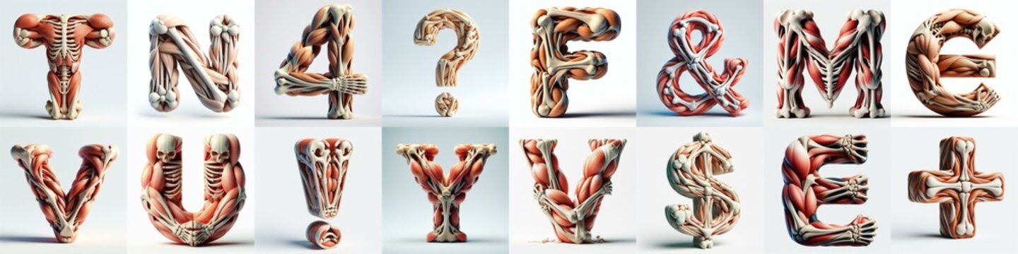 3D lettering what blend Bones and Muscles. AI generated illustration