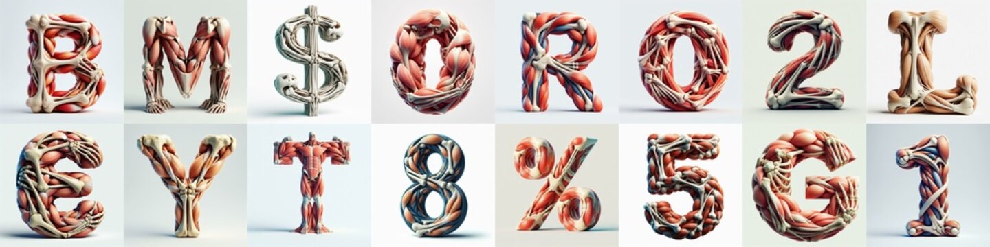 3D lettering what blend Bones and Muscles. AI generated illustration