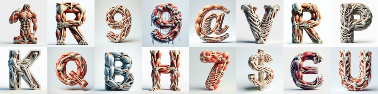 3D lettering what blend Bones and Muscles. AI generated illustration