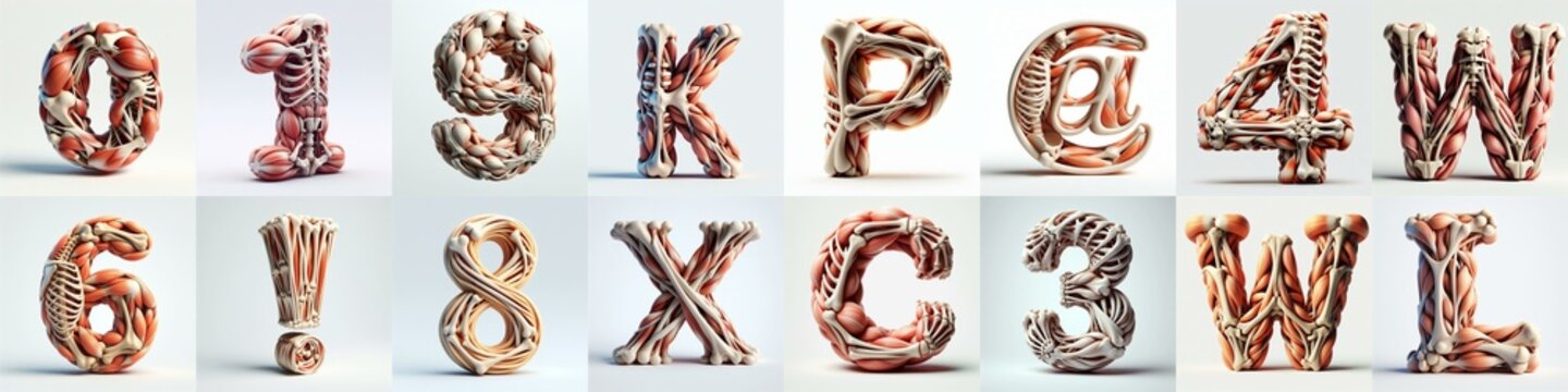 3D lettering what blend Bones and Muscles. AI generated illustration