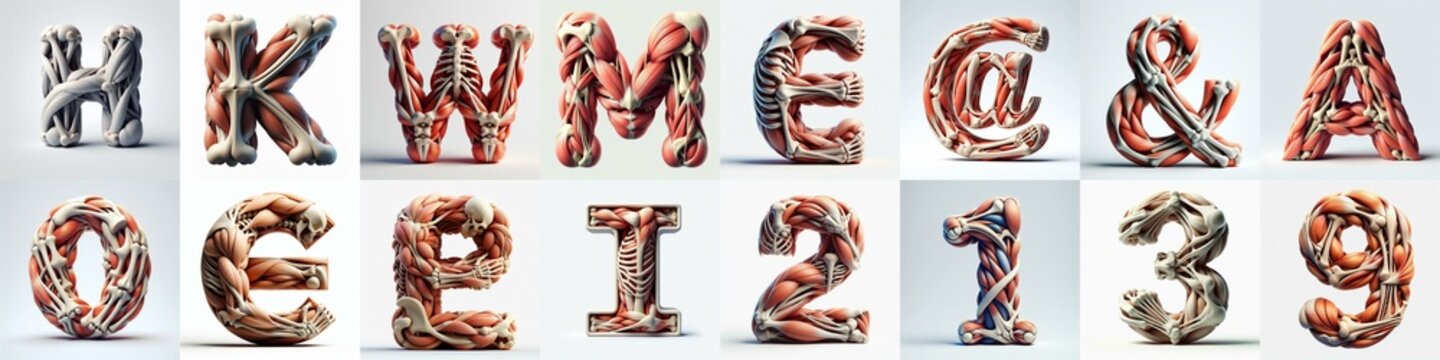 3D lettering what blend Bones and Muscles. AI generated illustration