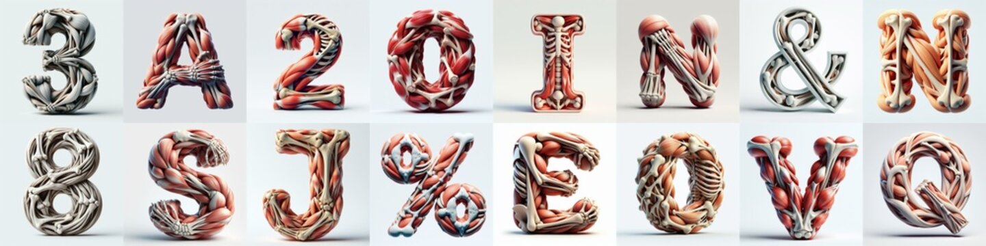 3D lettering what blend Bones and Muscles. AI generated illustration