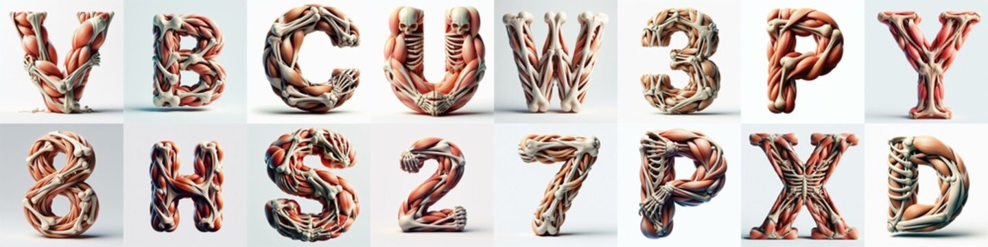 3D lettering what blend Bones and Muscles. AI generated illustration
