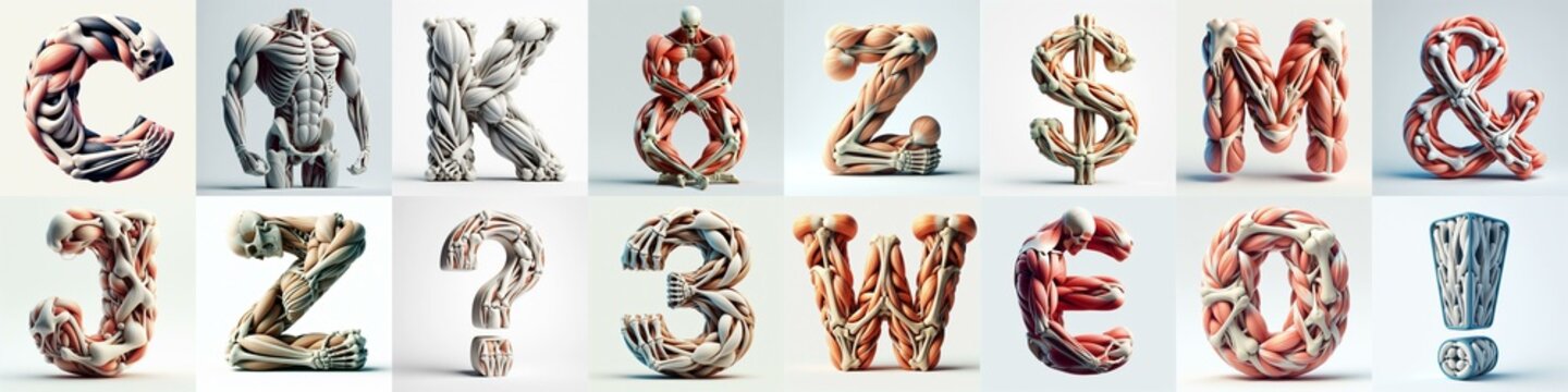 3D lettering what blend Bones and Muscles. AI generated illustration
