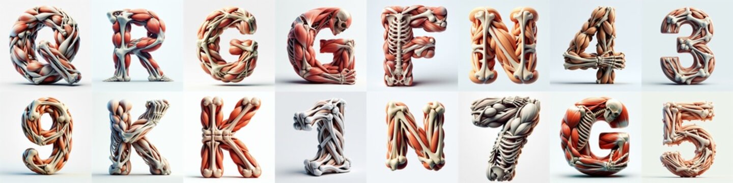 3D lettering what blend Bones and Muscles. AI generated illustration
