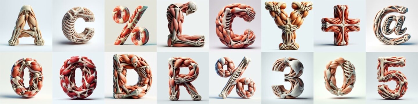 3D lettering what blend Bones and Muscles. AI generated illustration