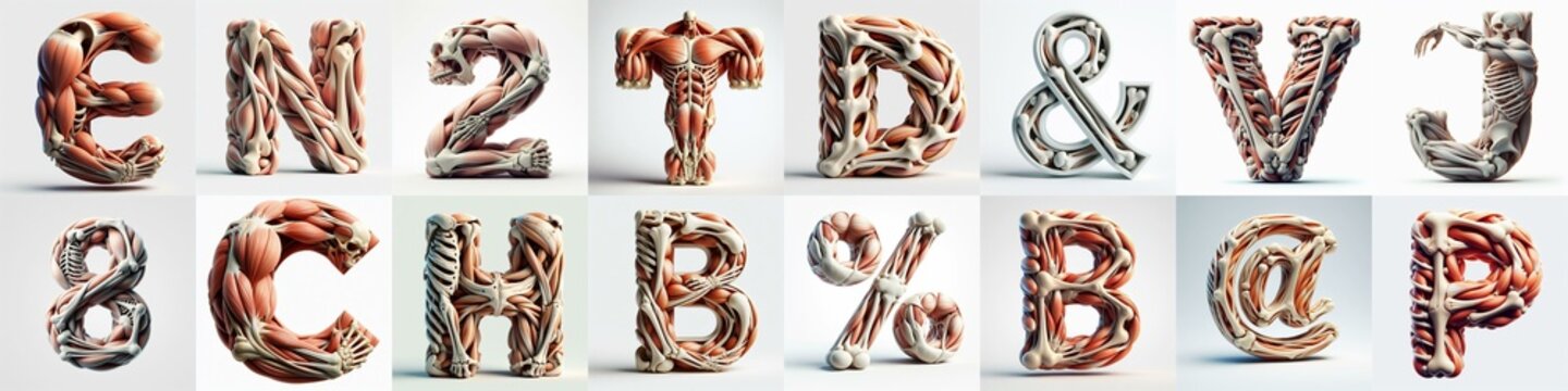 3D lettering what blend Bones and Muscles. AI generated illustration