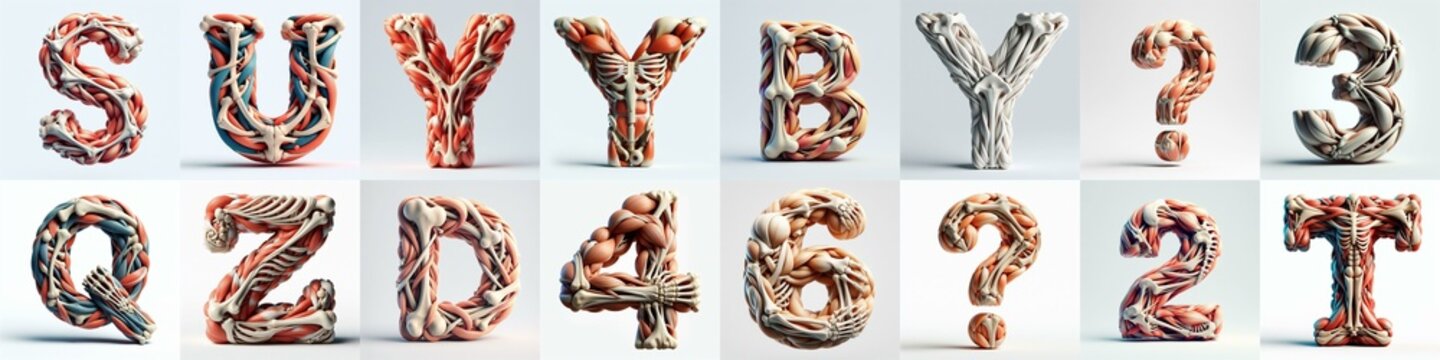 3D lettering what blend Bones and Muscles. AI generated illustration