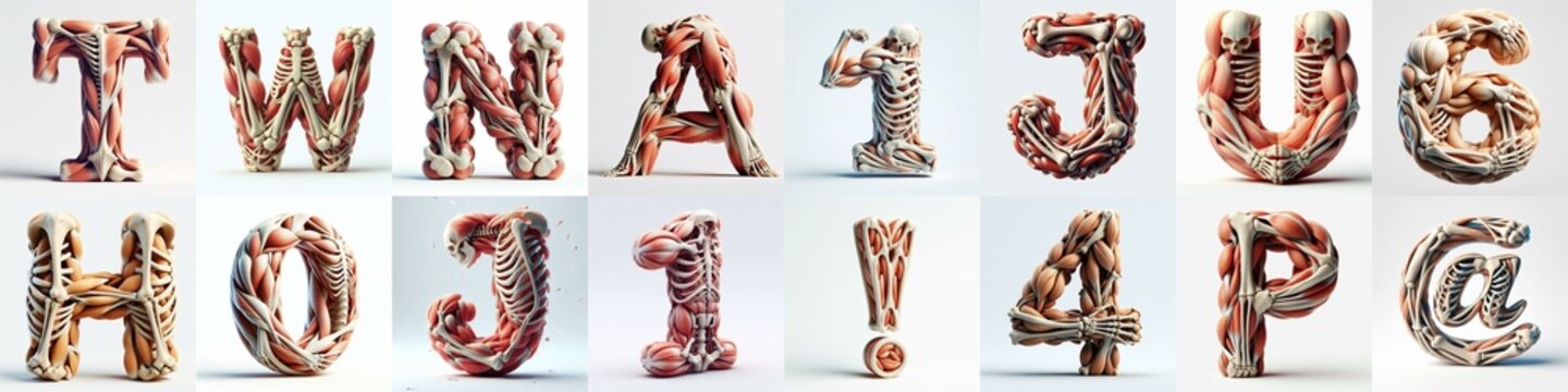3D lettering what blend Bones and Muscles. AI generated illustration