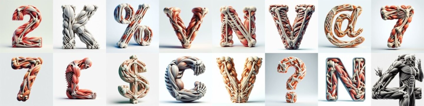 3D lettering what blend Bones and Muscles. AI generated illustration