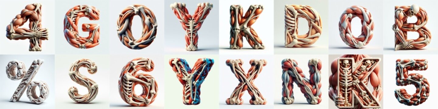 3D lettering what blend Bones and Muscles. AI generated illustration