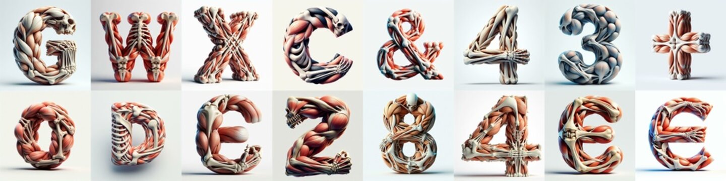 3D lettering what blend Bones and Muscles. AI generated illustration