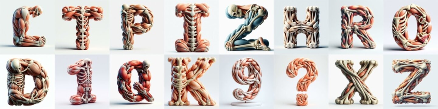 3D lettering what blend Bones and Muscles. AI generated illustration