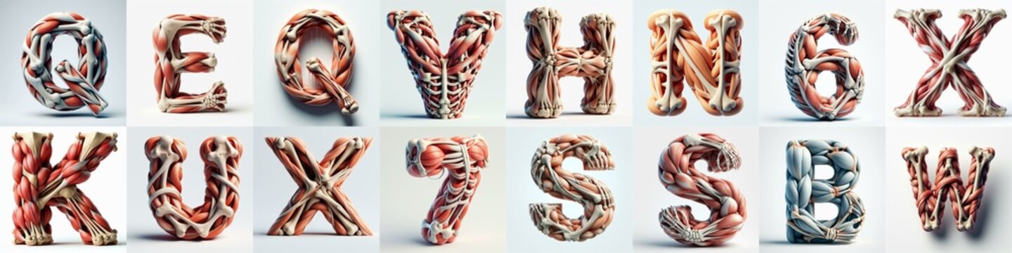 3D lettering what blend Bones and Muscles. AI generated illustration