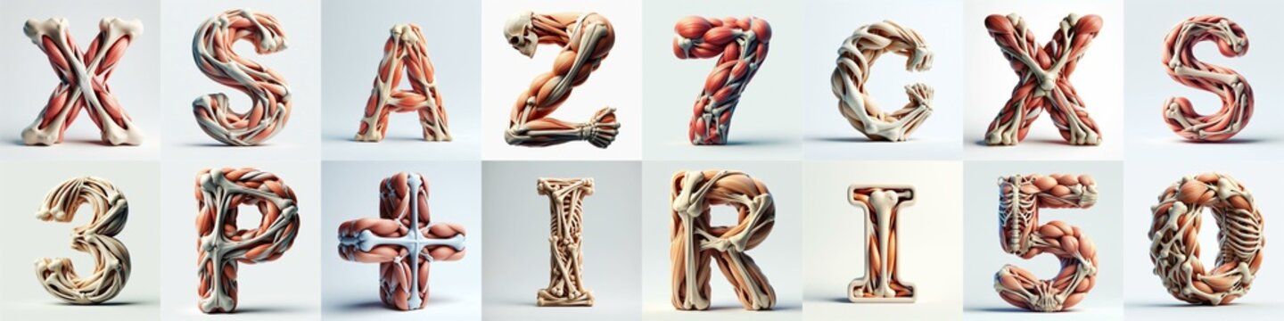 3D lettering what blend Bones and Muscles. AI generated illustration