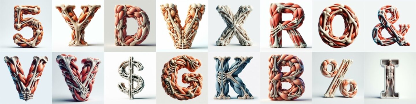 3D lettering what blend Bones and Muscles. AI generated illustration