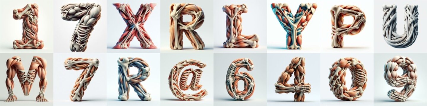 3D lettering what blend Bones and Muscles. AI generated illustration