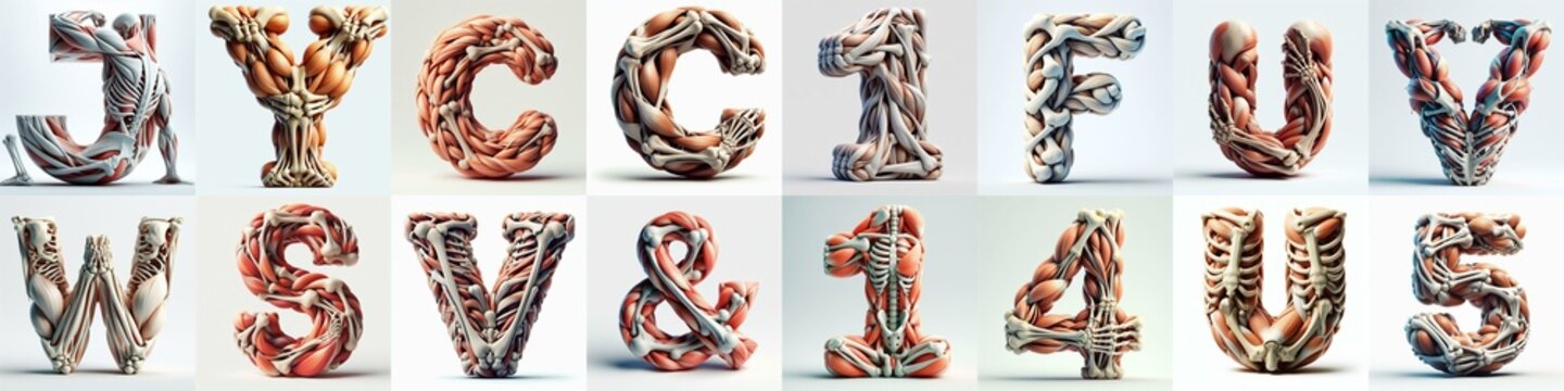 3D lettering what blend Bones and Muscles. AI generated illustration