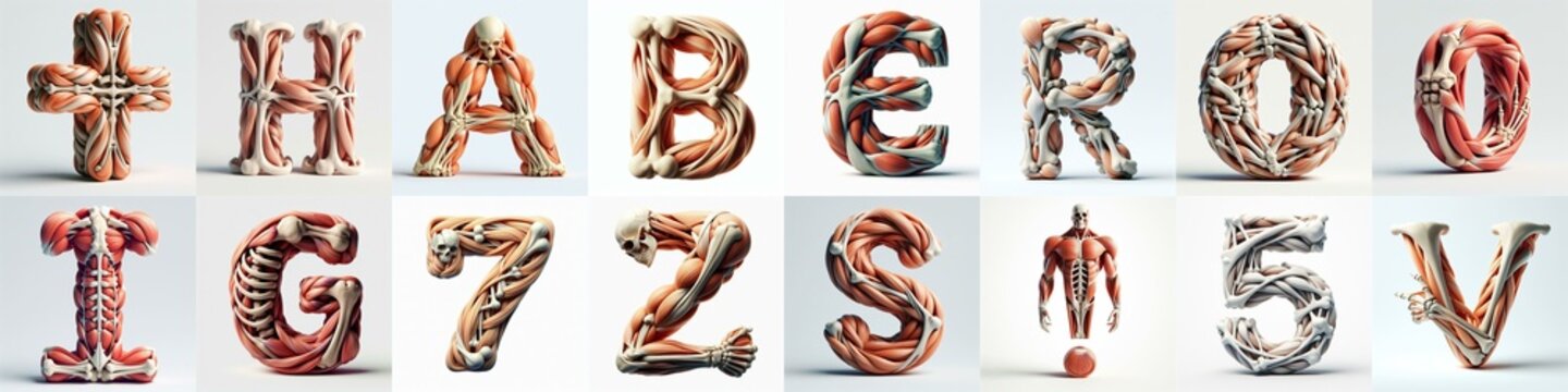 3D lettering what blend Bones and Muscles. AI generated illustration