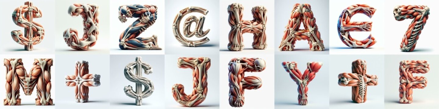 3D lettering what blend Bones and Muscles. AI generated illustration
