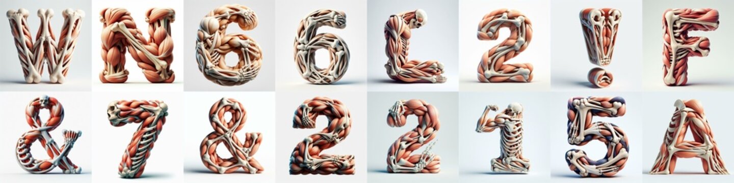 3D lettering what blend Bones and Muscles. AI generated illustration