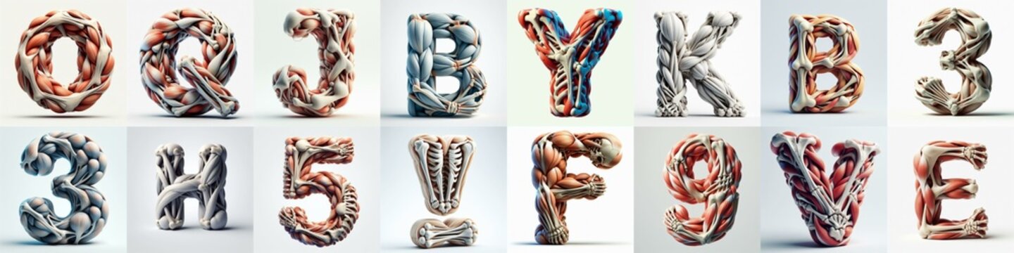 3D lettering what blend Bones and Muscles. AI generated illustration