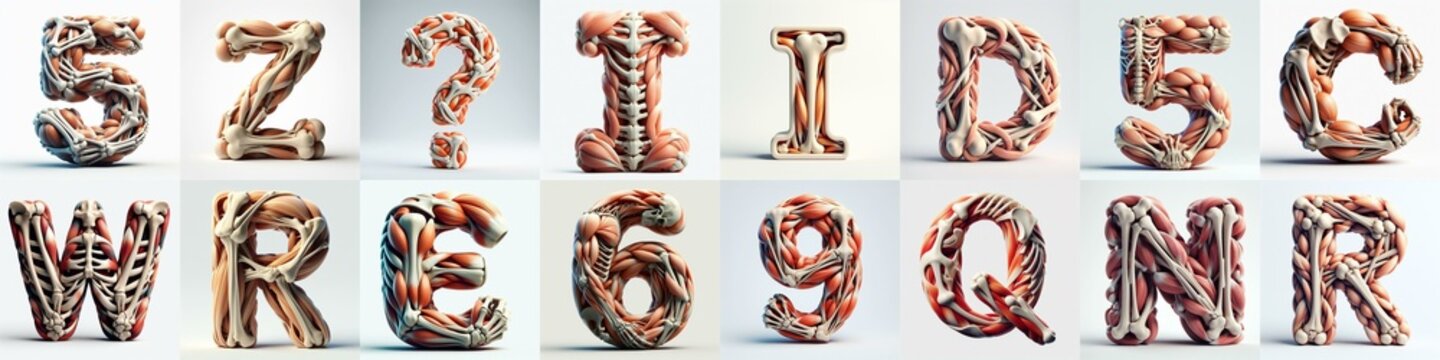 3D lettering what blend Bones and Muscles. AI generated illustration