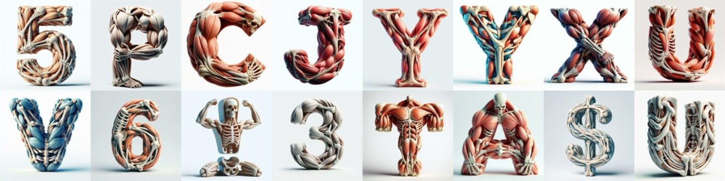 3D lettering what blend Bones and Muscles. AI generated illustration
