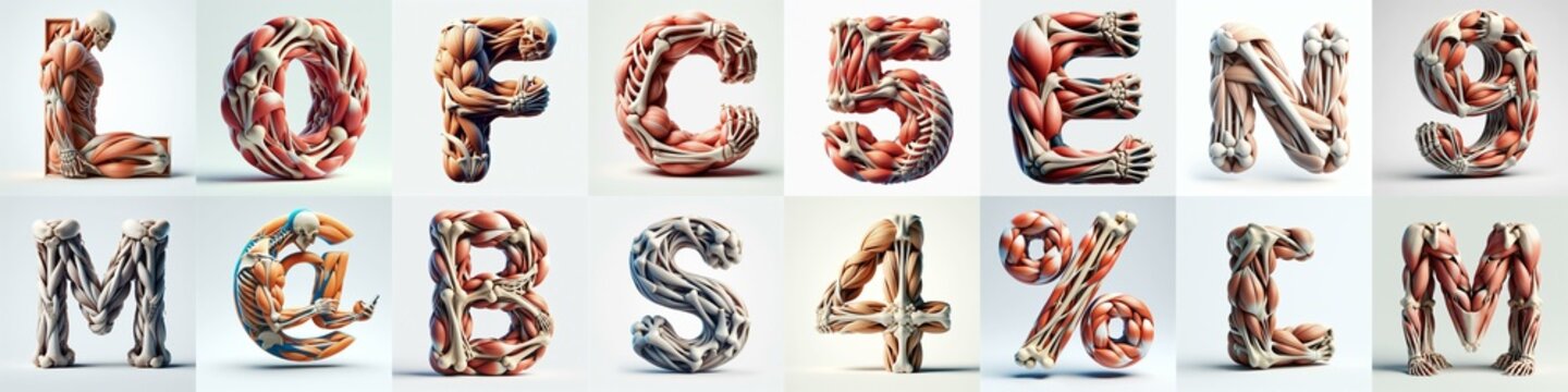 3D lettering what blend Bones and Muscles. AI generated illustration