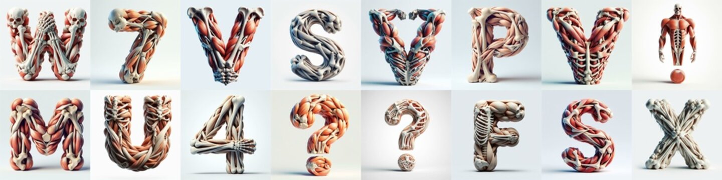 3D lettering what blend Bones and Muscles. AI generated illustration