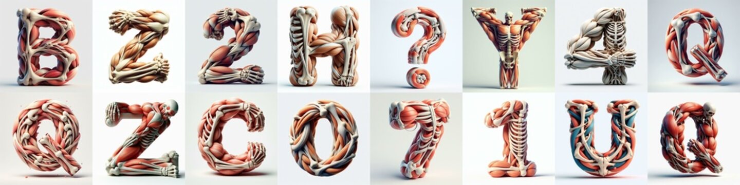 3D lettering what blend Bones and Muscles. AI generated illustration